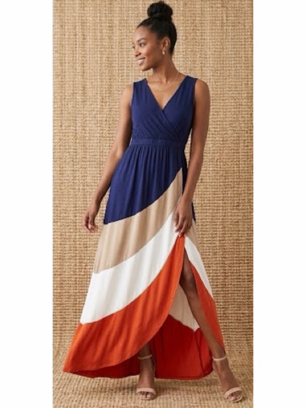 Spense Sleeveless Colorblock Maxi Wrap V-neck Dress in Navy, Cream & Orange L